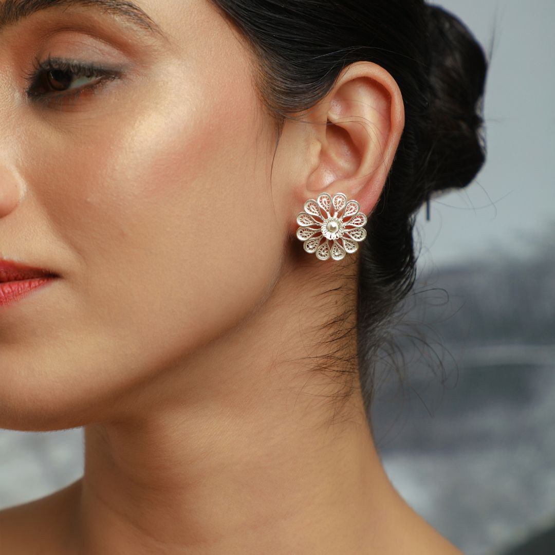 traditional Tarakashi filigree silver jhumkas India