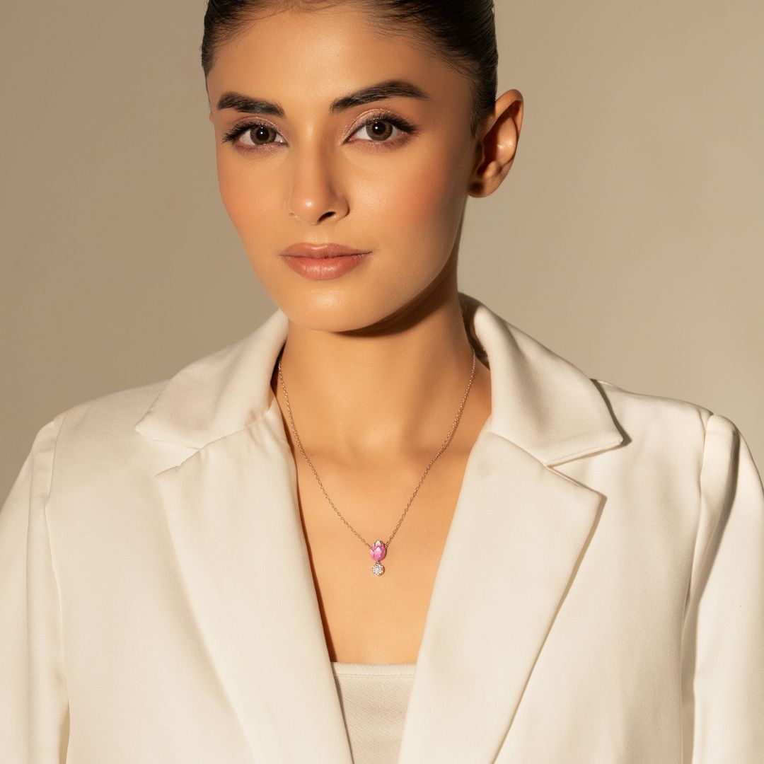 Pink Lotus Pendant With Chain