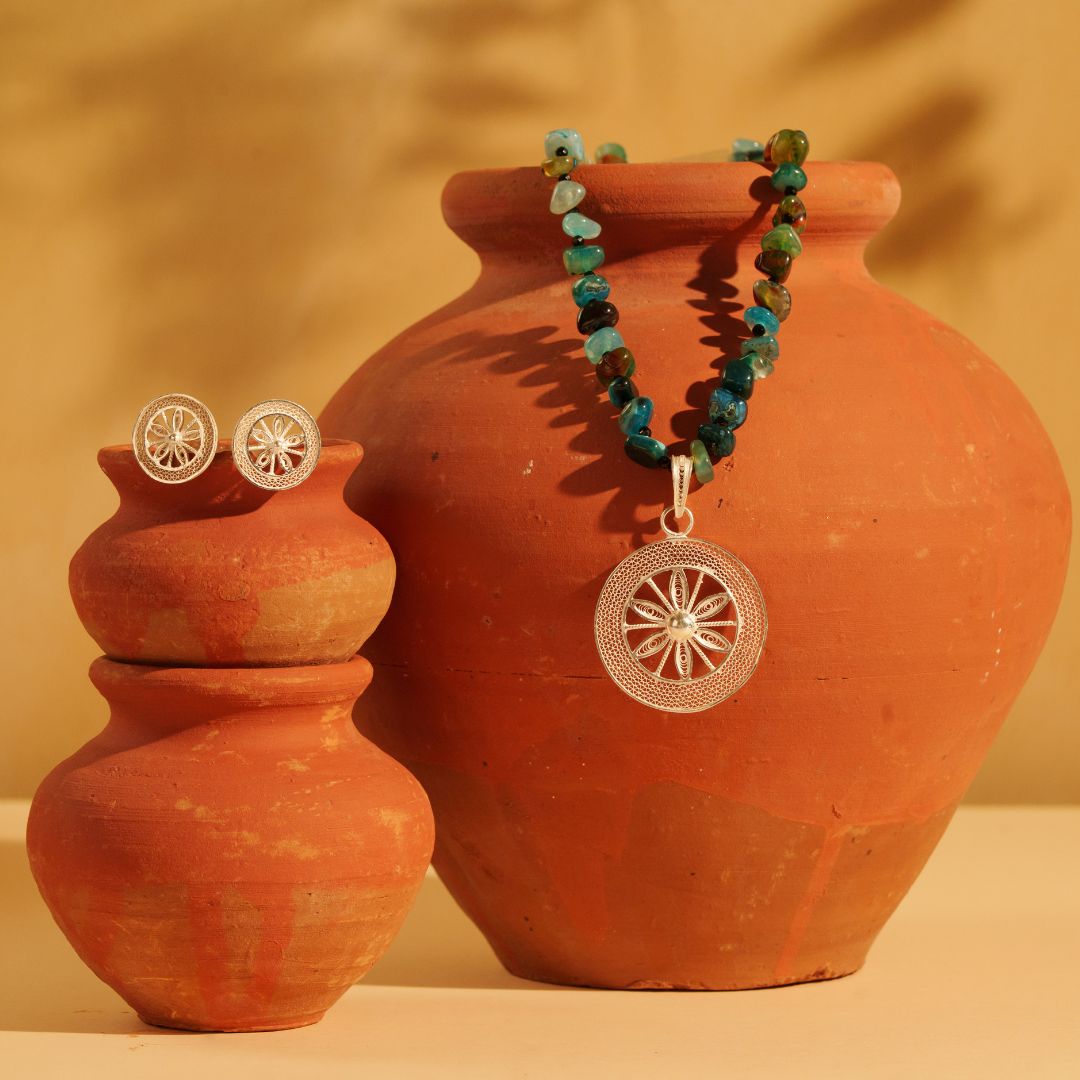 Konark Chakra Silver Filigree Necklace Set with Complimentary Blue Beads