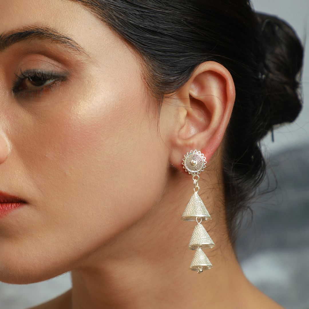 handcrafted Tarakashi filigree 925 silver earrings Odisha India