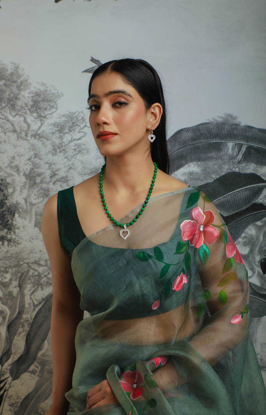 Heart Shaped Pendant Set with Green Beads