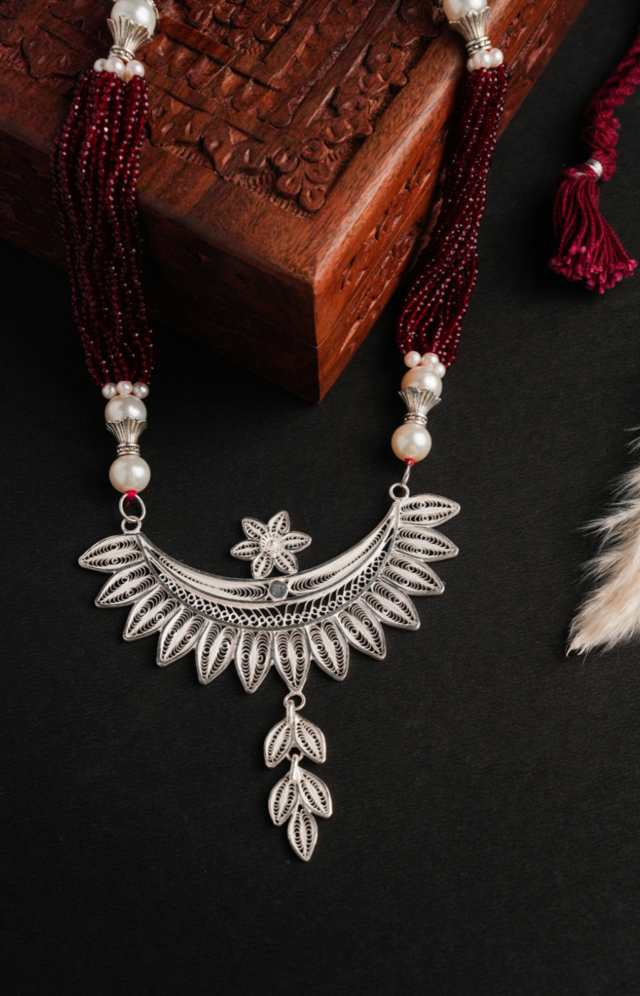 AuraPetal Shaped Pendant with Red Pearls