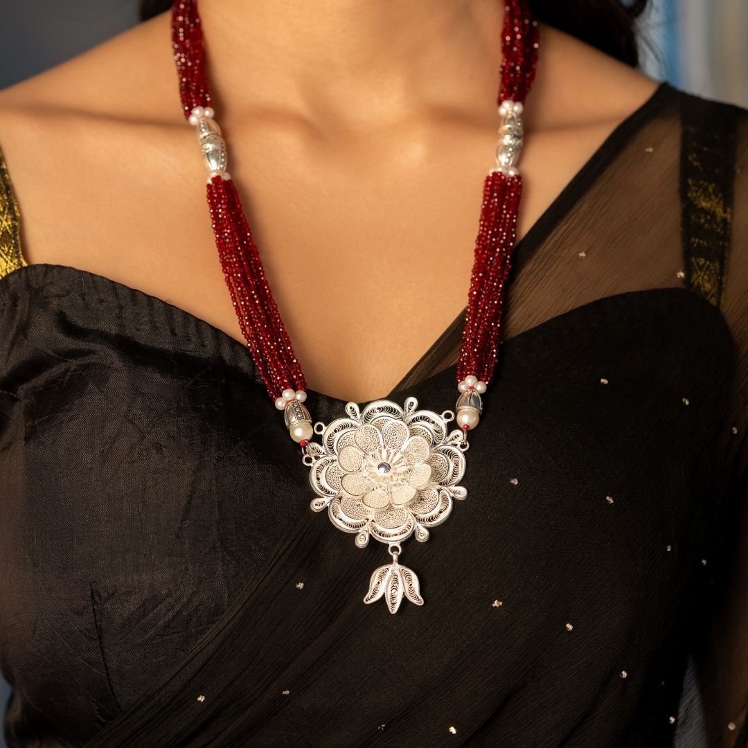 handcrafted Tarakashi filigree 925 silver necklace Odisha India