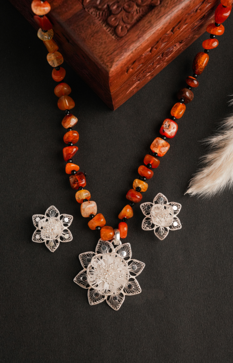 Filigree Shaped Pendant Set with Orange Beads