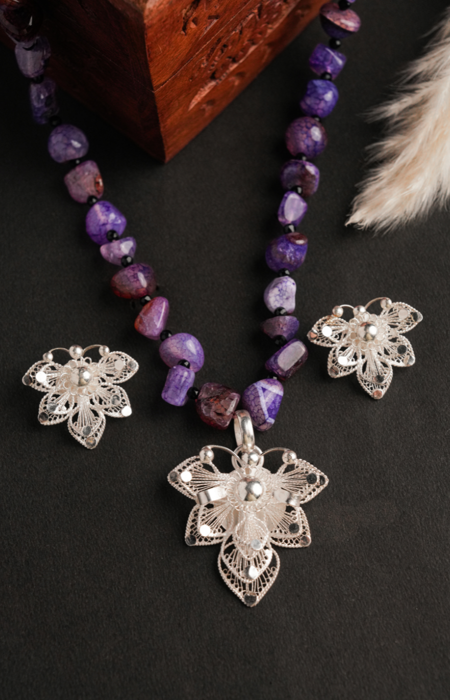 Leaf Shaped Pendant Set with Purple Beads