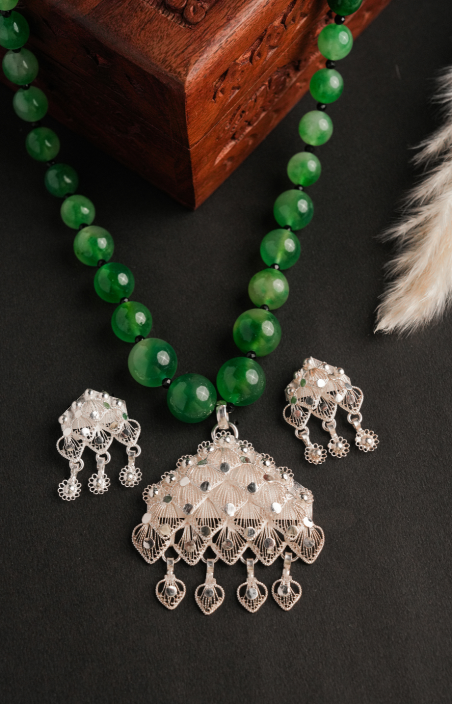 Triangular Shaped Pendant Set with Green Beads