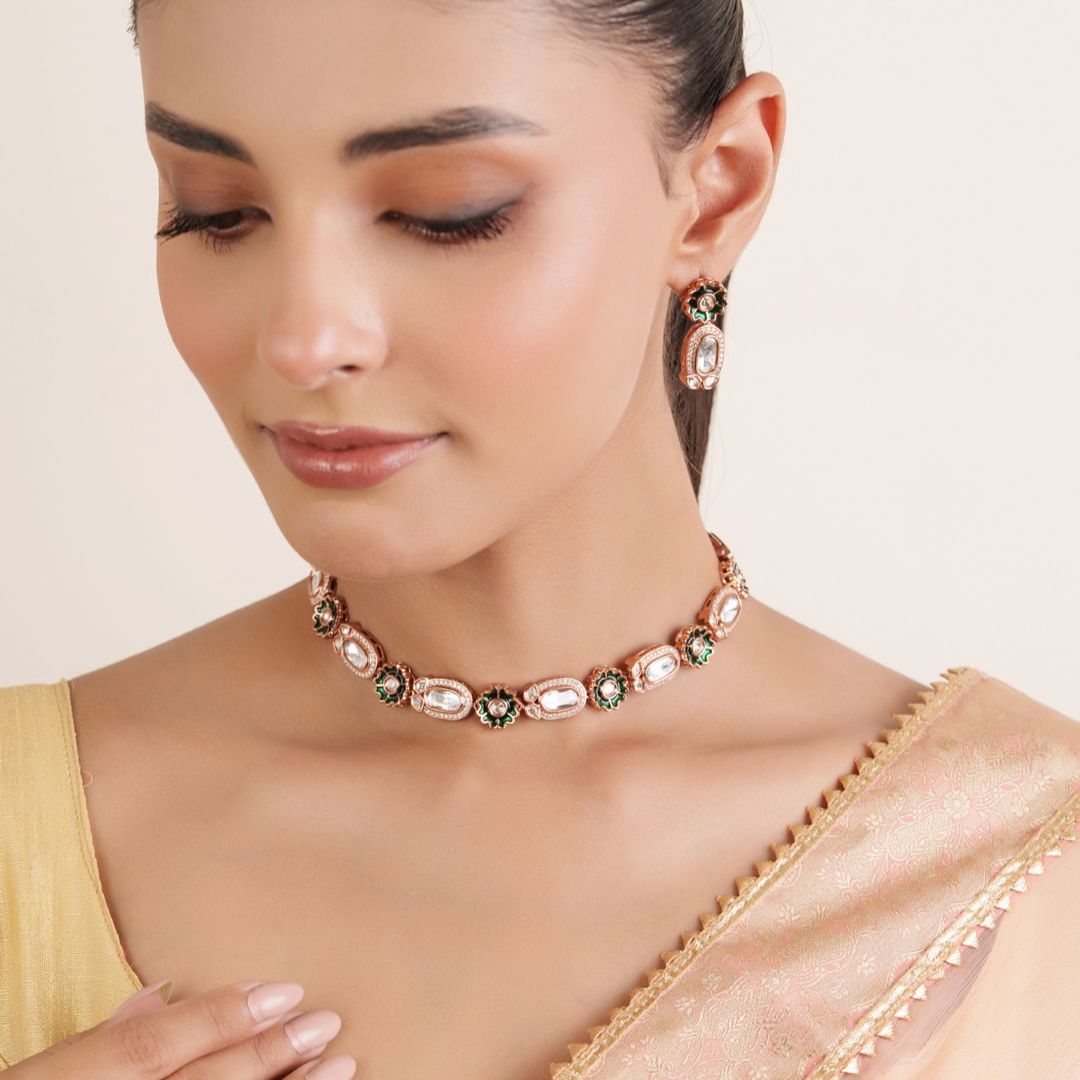 Tarini Kundan Green Necklace Set with Earrings