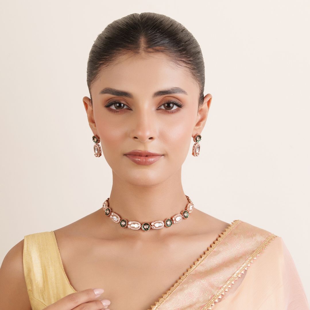 Tarini Kundan Green Necklace Set with Earrings