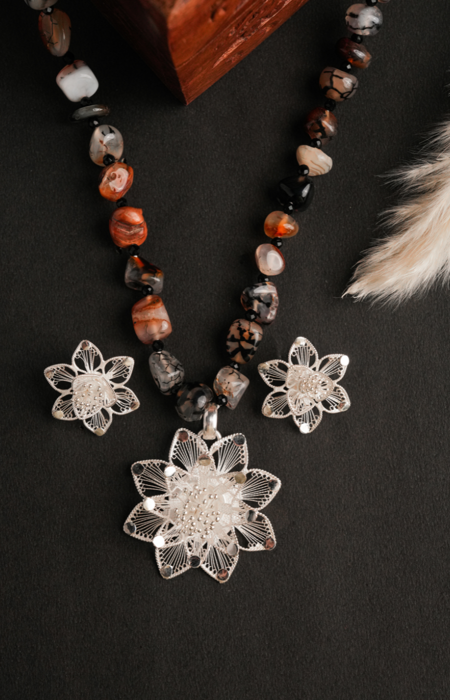 Flower Shaped Pendant Set with Brown Beads
