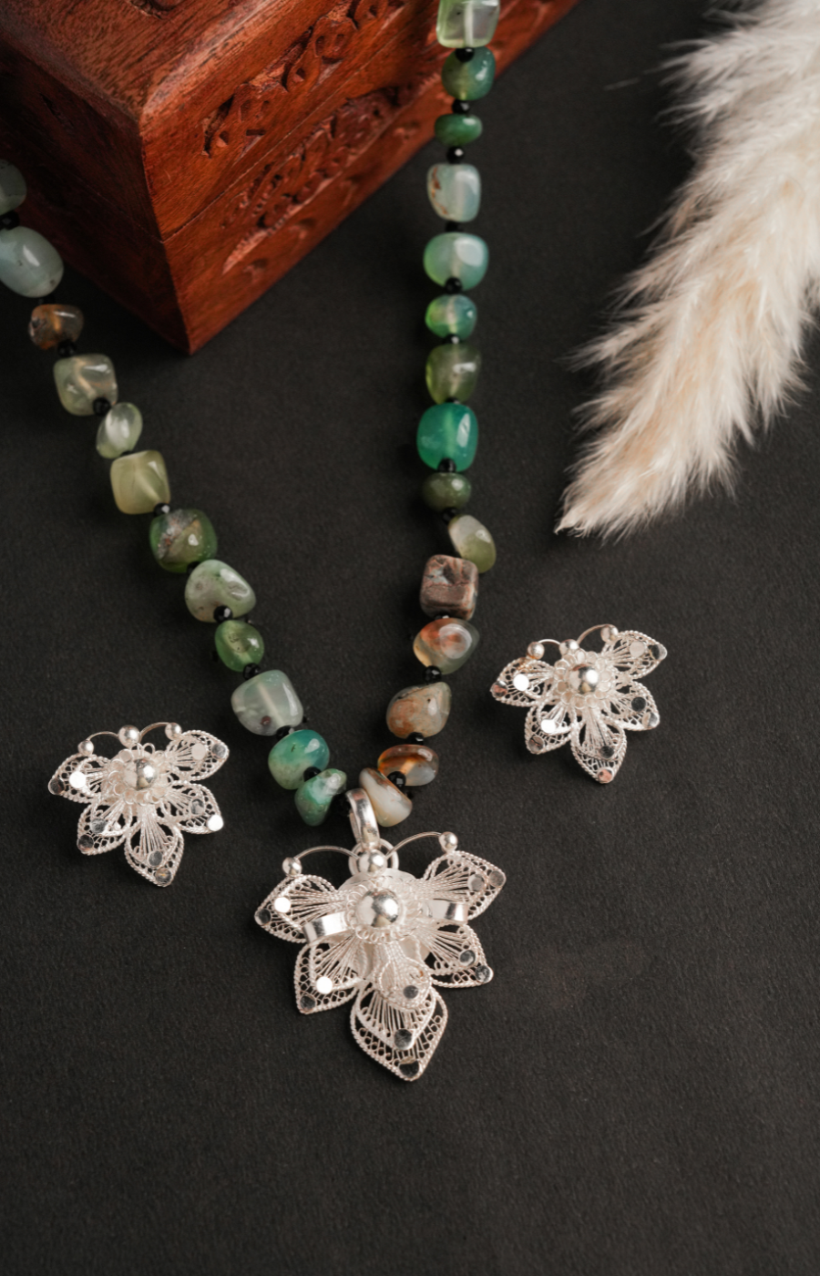 Leaf Shaped Pendant Set with Green Beads