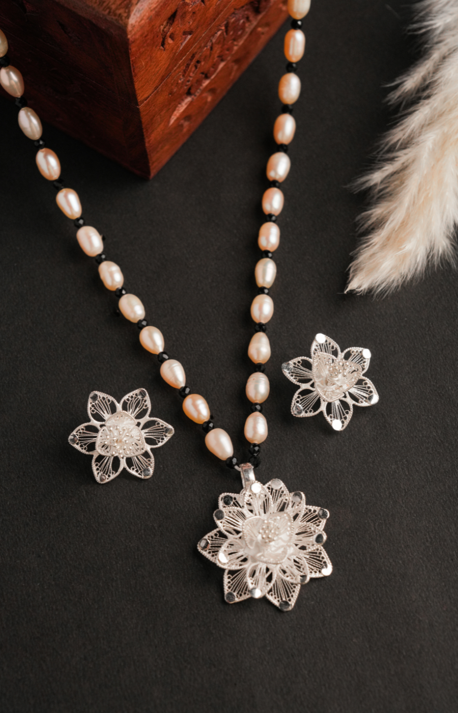 Floral Shaped Pendant Set with Cream Beads