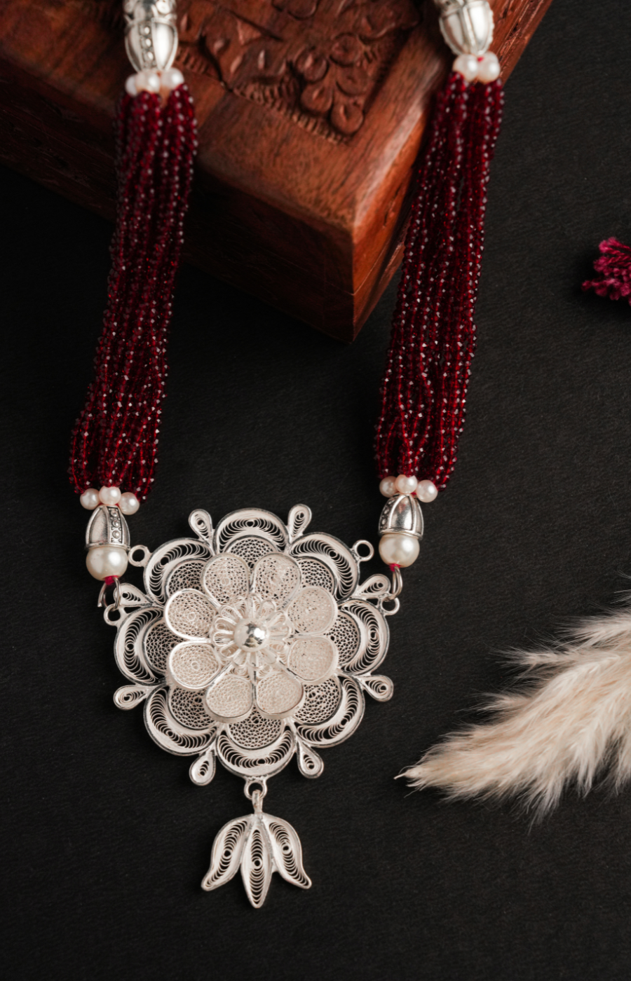 Gulzar Shaped Pendant Set with Red Pearl