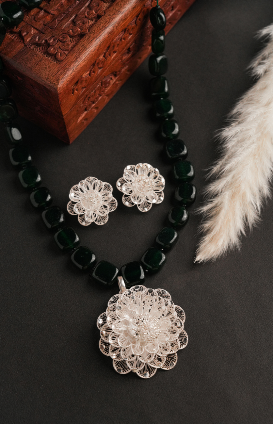Bold Filigree Dark Green Beads Pendant Set