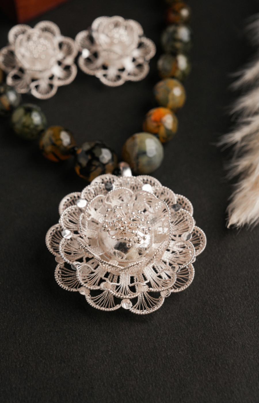 Rose Floral Shaped Pendant Set with Brown Beads