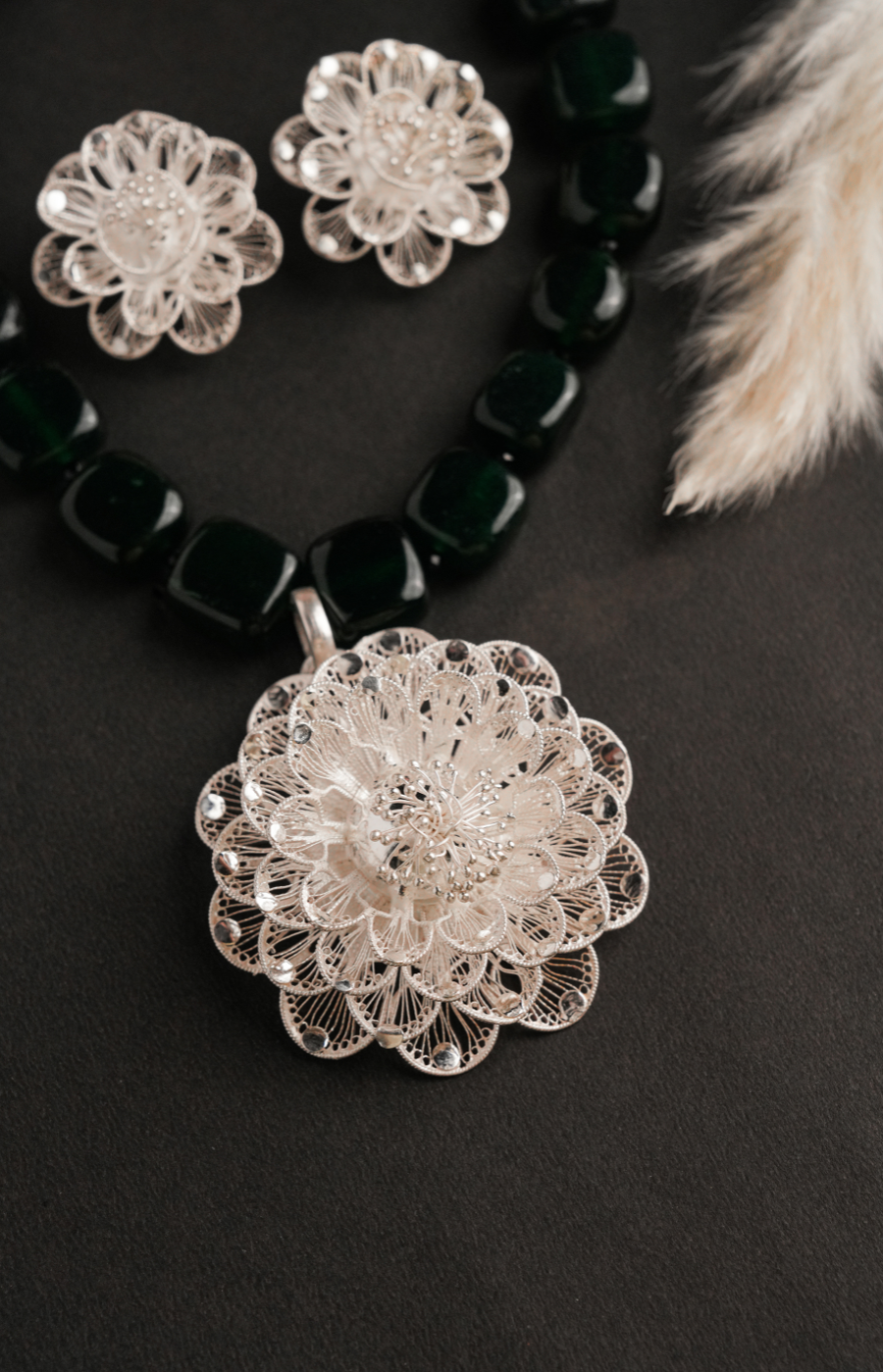 Bold Filigree Dark Green Beads Pendant Set