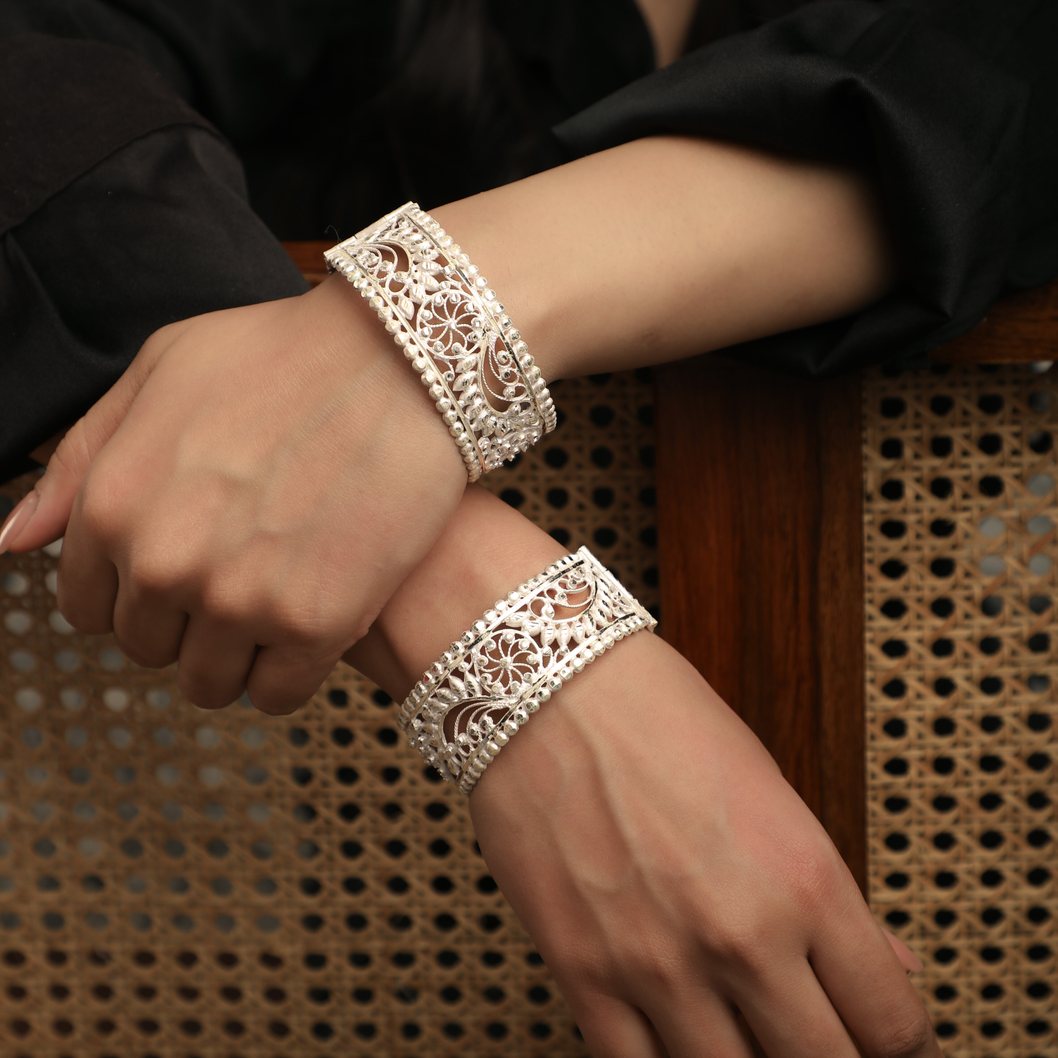 Ornate Floral Filigree Silver Bangle