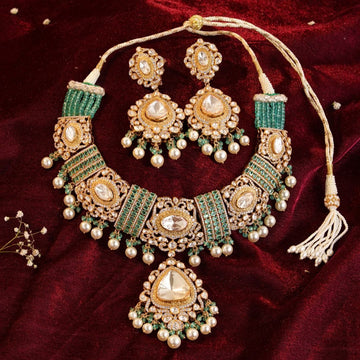 Rajsi Emerald Kundan Necklace Set with Earrings