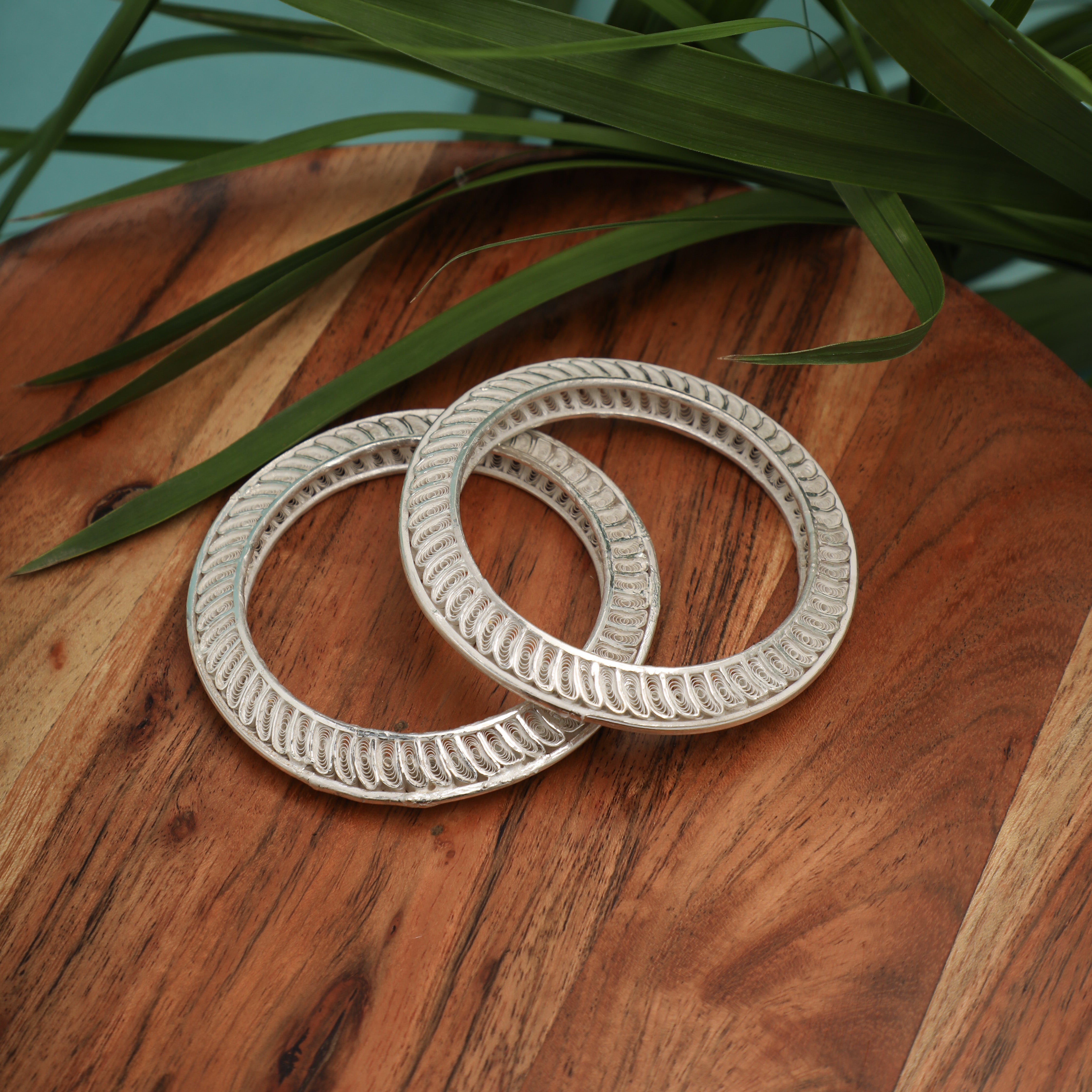 Textured Leaf Engraved Silver Bangles