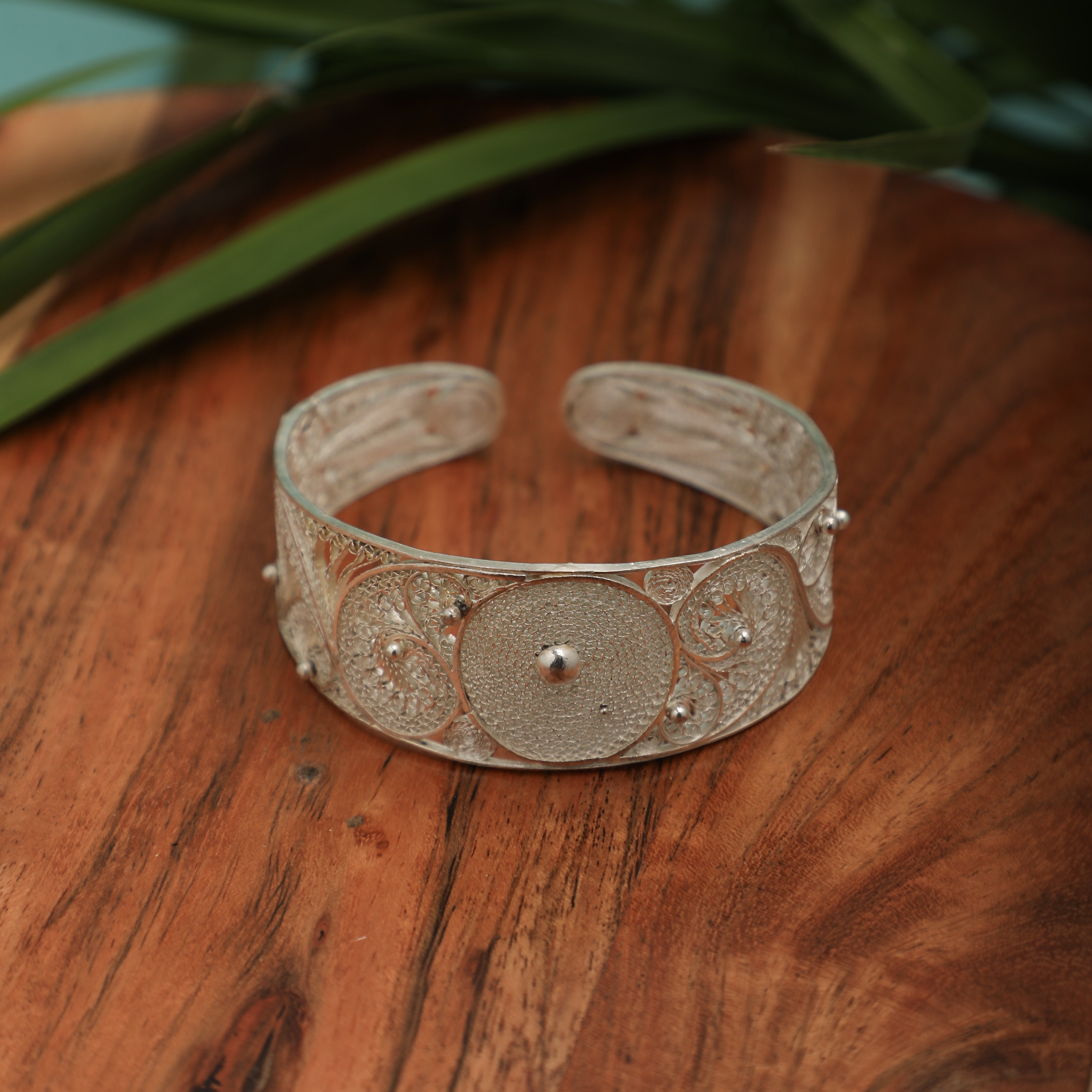 Open-Cuff Filigree Silver Bangle