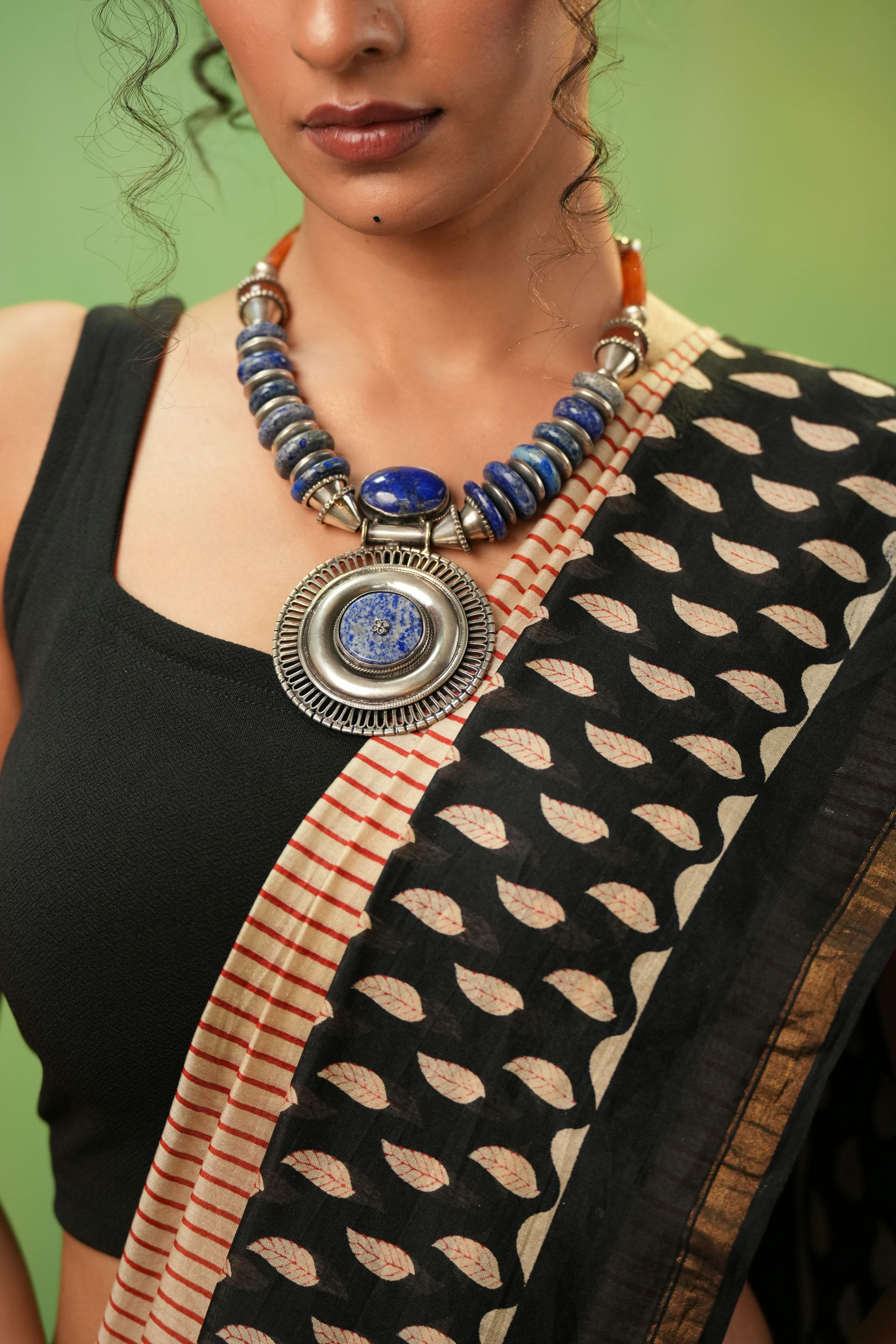 Amber Bead Oxidized Pendant Necklace