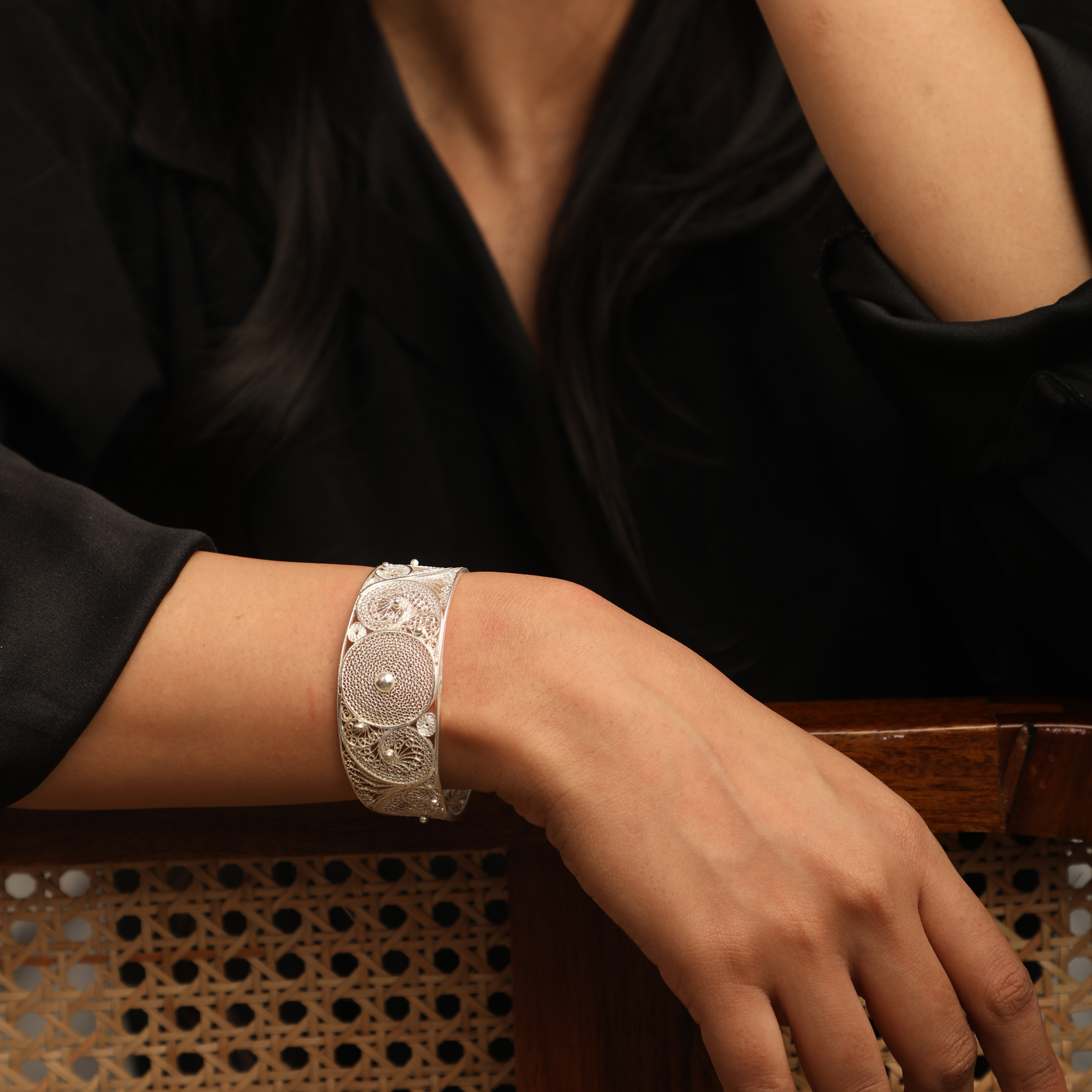 Open-Cuff Filigree Silver Bangle