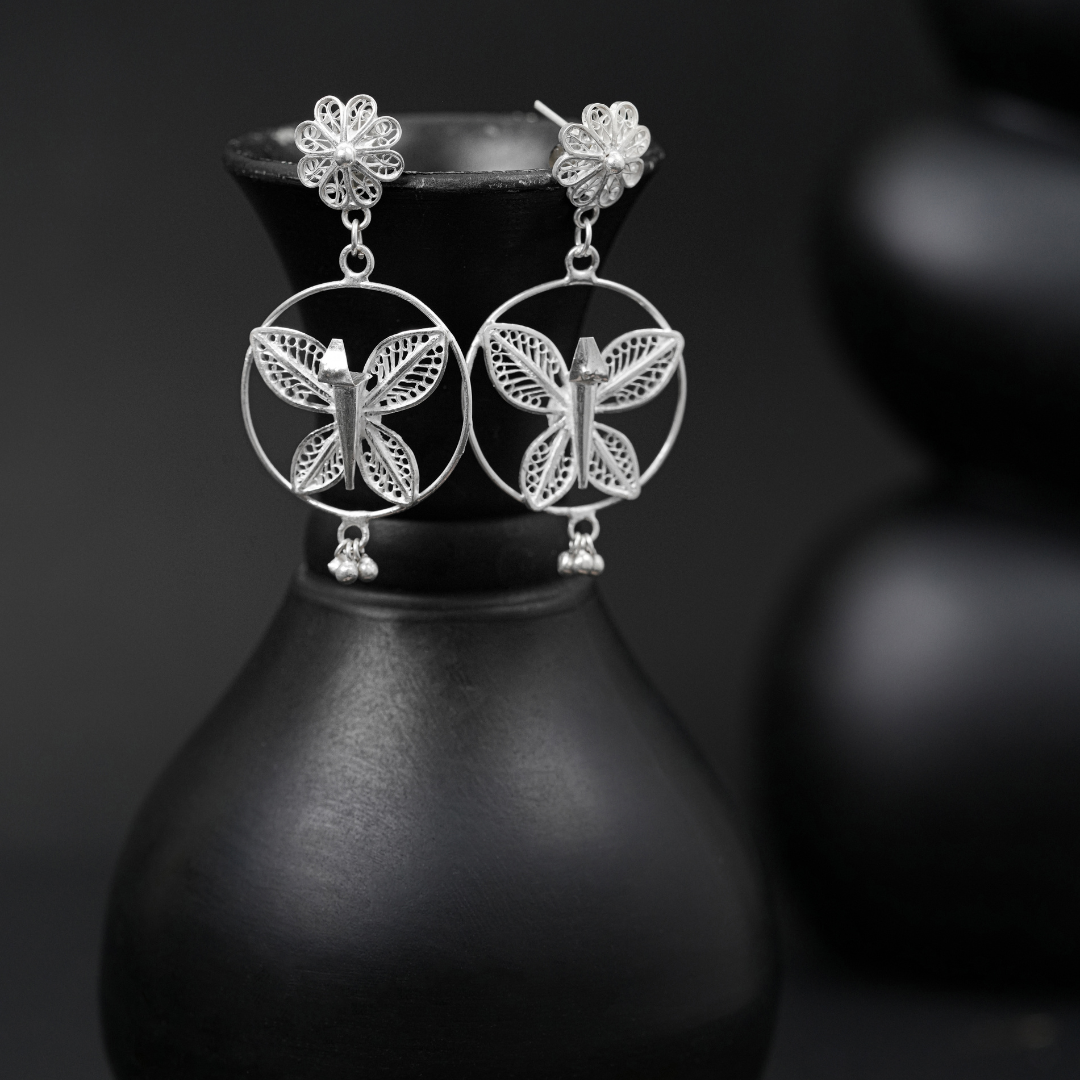 handmade Tarakashi filigree sterling silver earrings India