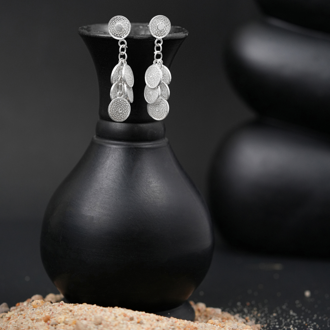 handcrafted Tarakashi filigree 925 silver earrings Odisha India