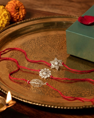 Tarakashi Bloom Heritage Silver Rakhi Combo