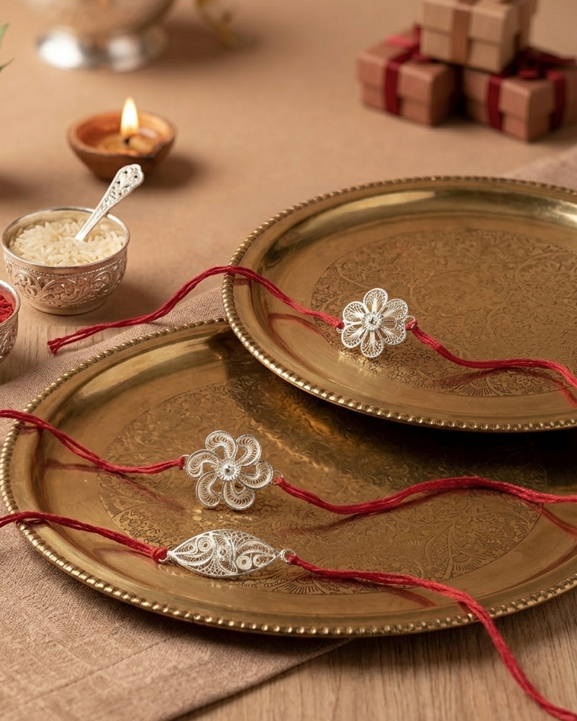 Tarakashi Silver Rakhi Combo