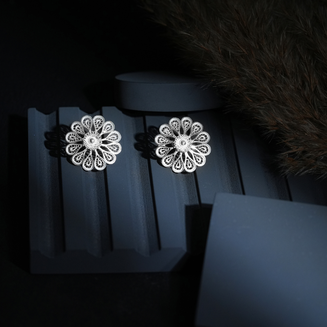 traditional Tarakashi filigree silver jhumkas India