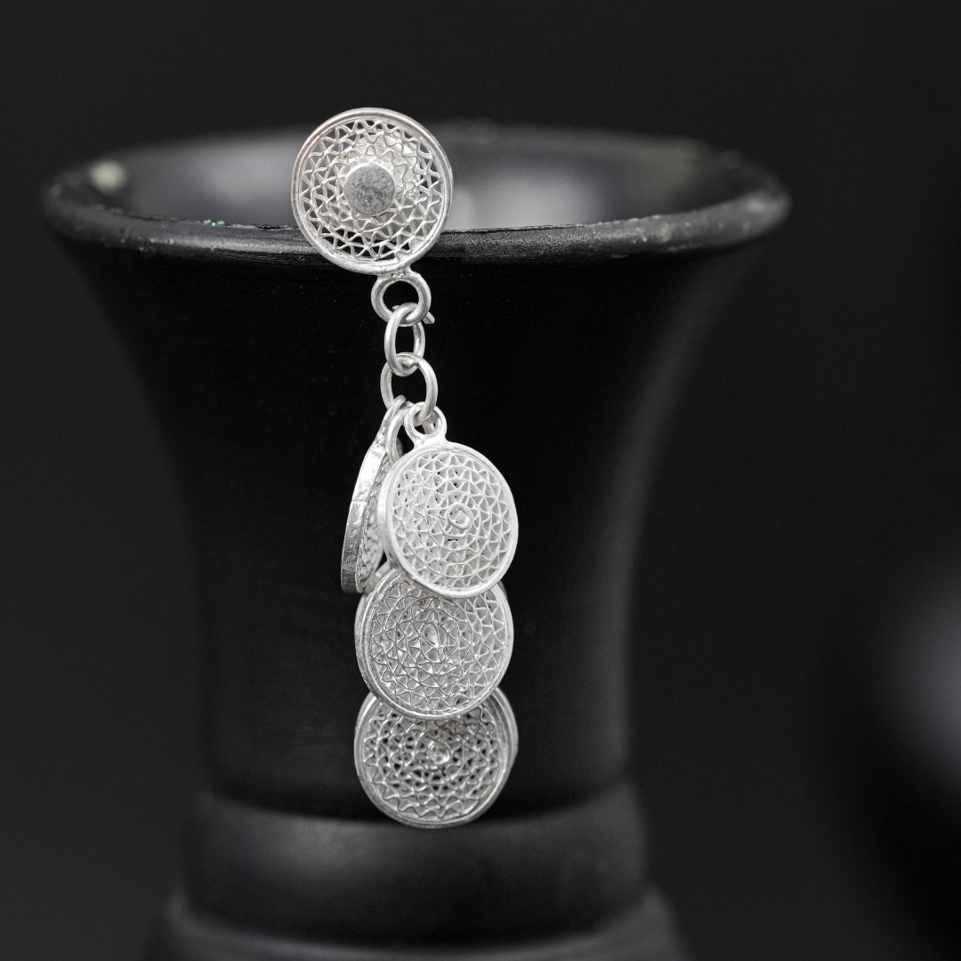 handcrafted Tarakashi filigree 925 silver earrings Odisha India