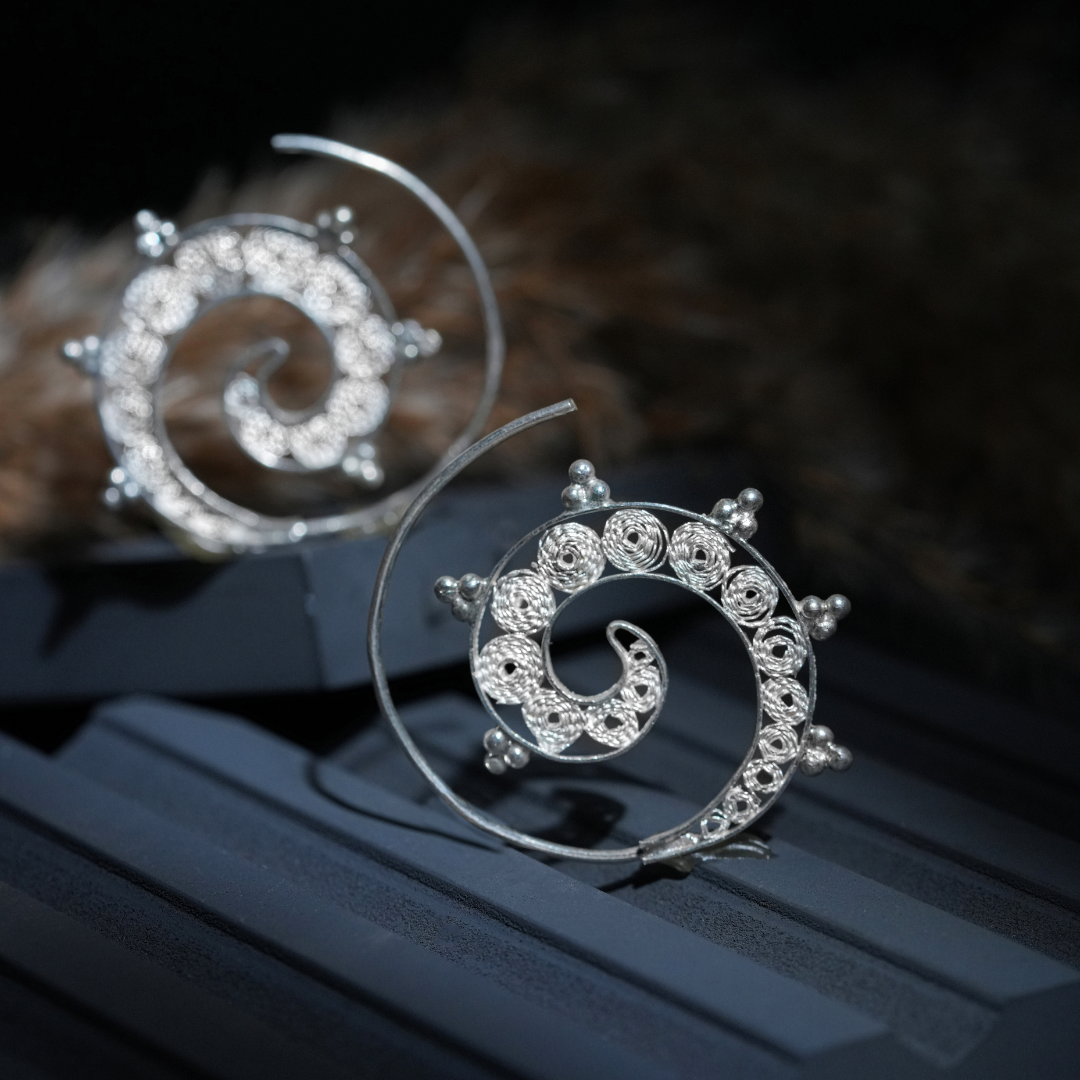traditional Tarakashi filigree silver jhumkas India